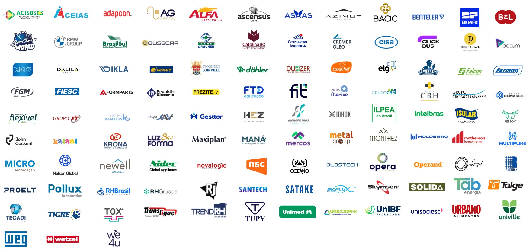 Logos de clientes da Ziel, entre eles BMW Group, WEG, Nidec Global Appliance, Benteler, Franklin Electric, Azimut Yachts, Unimed, Tigre, Tupy, Intelbras, Univille e FIESC